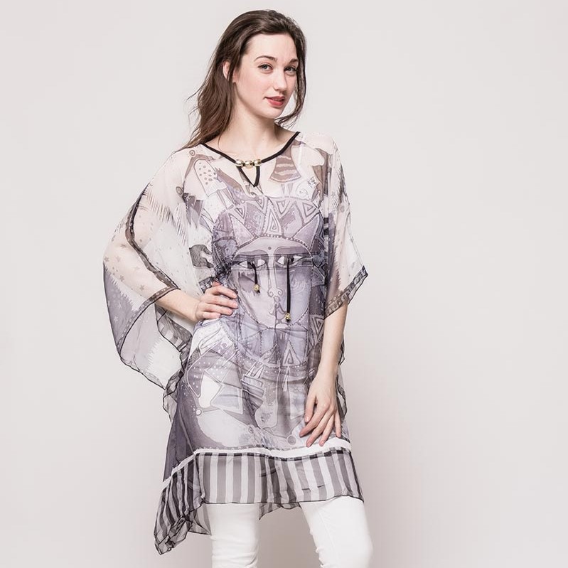 Tuniek van transparante voile met print, zwart