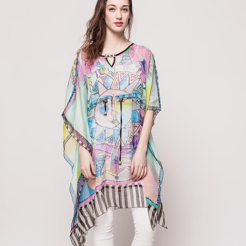 Tuniek van transparante voile met print, Ocean Wave